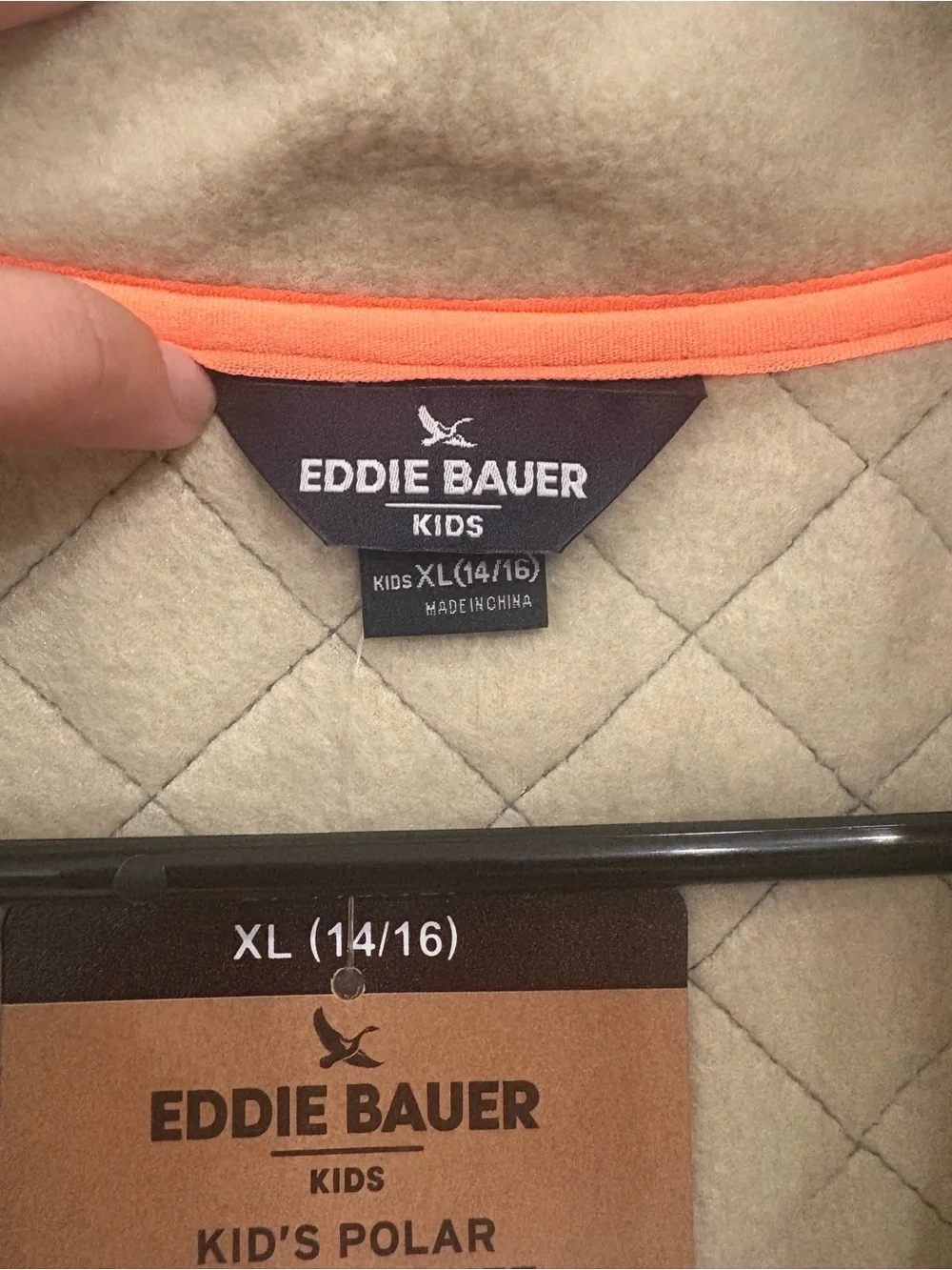 Eddie Bauer Boys Quilted Jacket in Tan & Olive with Orange Trim